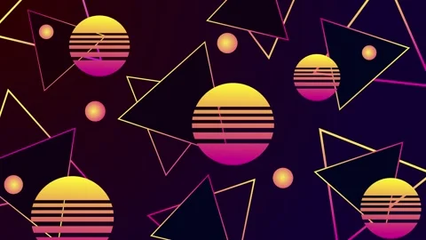 Abstract retro neon background with glowing striped circles and outlined tr.. 動画素材 339291203