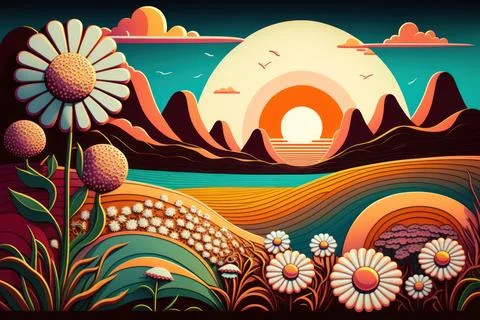 Abstract retro psychedelic fancy landscape with vibrant color fields, daisy.. Stock Illustration
