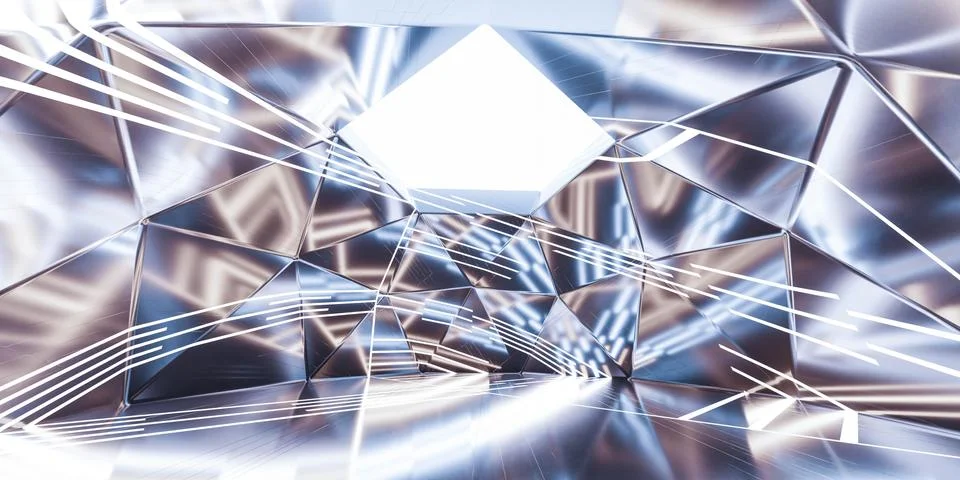 Abstract retro silver geometric shape with blue lights and white background 3d Stock Illustration