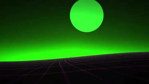 Abstract Retro Synthwave Landscape with Glowing Green Sun and Dark Grid Hor.. Stock Footage 340525194