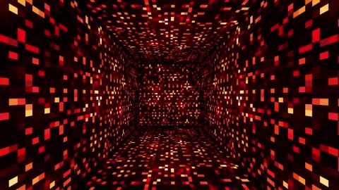 Abstract retro voxel data tunnel background with glowing red and orange Video stock 336383401