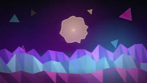 Abstract Retrowave Background with Low Poly Mountains and Glowing Sun in Stock Footage 345762033