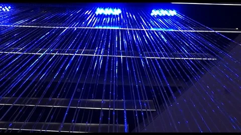 Abstract rgb light technological rain falling upside view Stock Footage 96214392