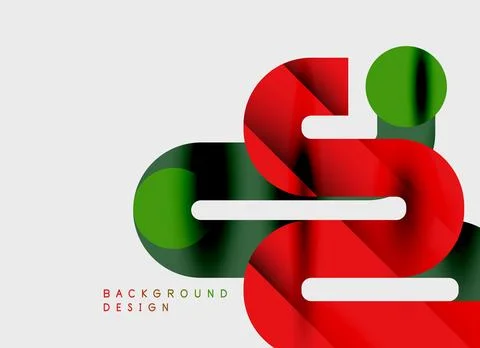 Abstract ribbons create dynamic composition. Red, green, white colors blend, Illustrazione stock