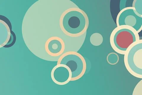 Abstract ring and bubble pattern with pastel circles floating over a teal b.. Illustrazione stock