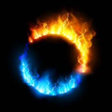 Abstract ring with orange and blue flames on a black isolated background. Stock Illustration