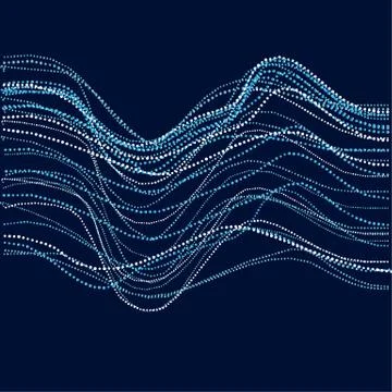 Abstract river water concept. dynamic emitted particles array. Blue dots and  Illustrazione stock