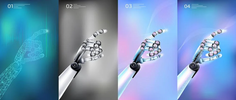 Abstract robot hands pointing down with a finger on a beautiful background. Stock Illustration