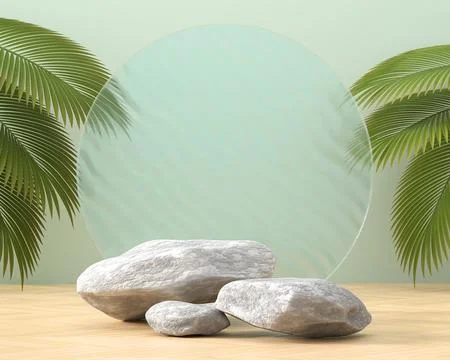 Abstract rock platform podium showcase for product display with palm leaves.. Stock Photos