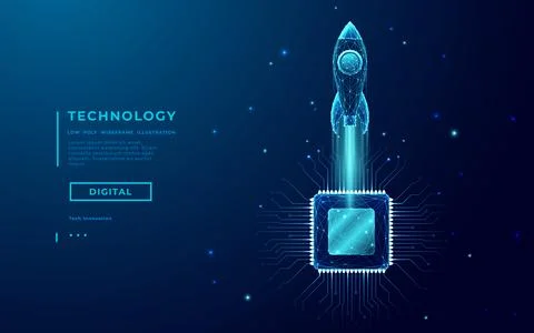 Abstract rocket, light CPU processor on technology blue background. Stock Illustration