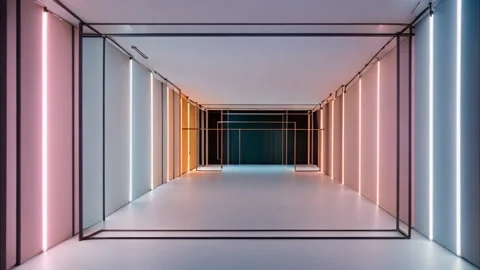 Abstract room interior with glowing lasers on the walls and lines of frames.. Stock Footage 273954606