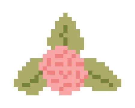 Abstract Rose bud with leaves in Pixel art style. Simple retro pink flower .. Stock Illustration