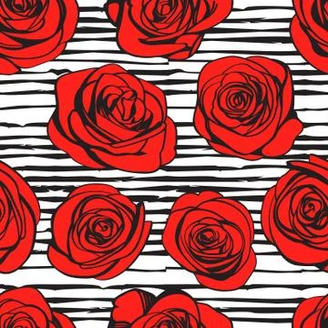 Abstract roses seamless pattern. Red rose flowers isolated on monochrome vint Stock Illustration