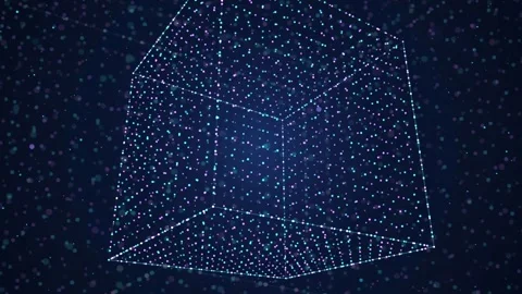 Abstract rotating 3D cube made of glowing digital particles on a dark blue Stock Footage 341822649