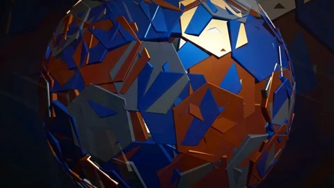 Abstract rotating 3D sphere with fragmented metallic blue and orange geometric Stock Footage 341834385