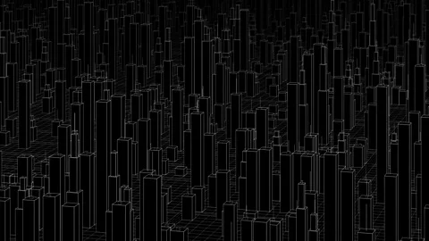 Abstract rotating digital cityscape, white wireframe structures against a black Stockbeeldmateriaal 339161013