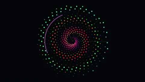 Abstract rotating dot spirals displaying dynamic colorful geometric patterns Vídeo Stock 344584421