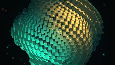 Abstract rotating geometric sphere of glowing green and gold blocks in dark.. Stock Footage 347718220