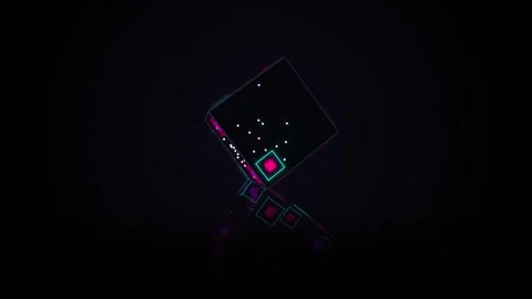 Abstract rotating neon cube with glowing square patterns floating in dark s.. Stock Footage 344651669