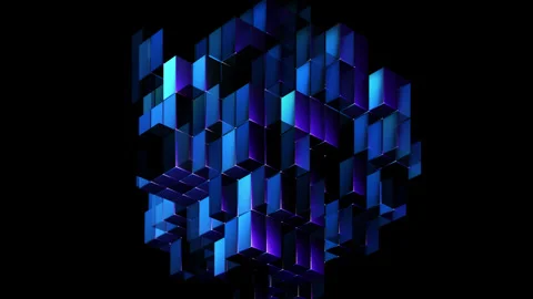 Abstract rotating object made up of blue blinking 3D blocks Stock Footage 256073397