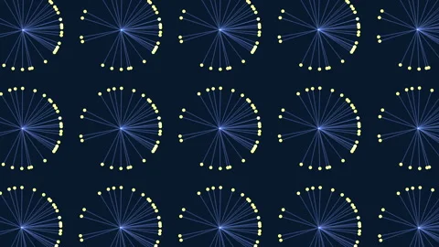 Abstract rotating particle arcs on dark blue background, seamless tech pattern Vídeos de archivo 333146894