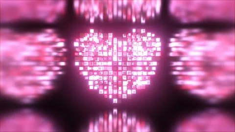 Abstract Rotating Pink Digital 3D Voxel Heart Shape Glows Bright Neon Stock Illustration