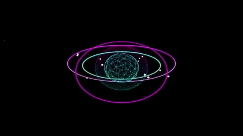 Abstract Rotating Planet System with Glowing Orbit Rings in Dark Digital Spac Stock Footage 345670821