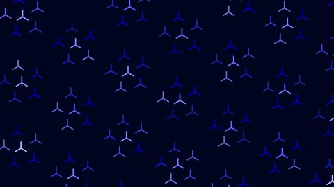 Abstract rotating three blade propeller icons pattern on dark blue background Stock Footage 333782836
