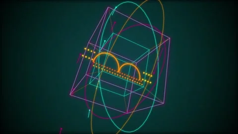 Abstract rotating wireframe cubes with orbiting rings and glowing particles.. Video stock 345127574