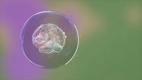 Abstract rotation of human brain with red bokeh particles showing infected parts Video stock 125959470
