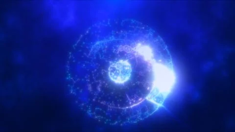 Abstract round blue and purple sphere made of flying particles glowing energy Stock Illustration