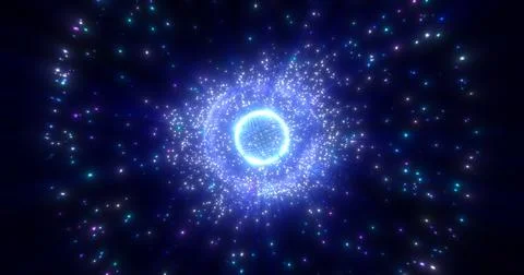 Abstract round blue sphere glowing energy magic molecule with atoms from pa.. Illustrazione stock