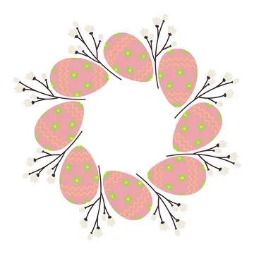 Abstract round frame of Easter Eggs and flowering branch in trendy soft hues Stock Illustration