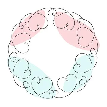 Abstract round frame made of hearts in one continuous line with Colorful spots Stock Illustration