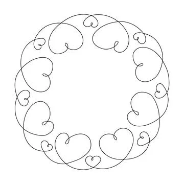 Abstract round frame made of hearts in one continuous line. Line art. Happy Stock Illustration