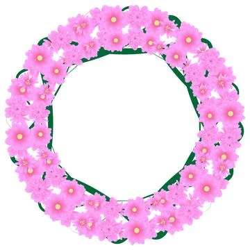 An abstract, round frame of pink flowers on green branches. White background Stock Illustration