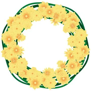 Abstract round frame, yellow flowers, green branches. White background. Stock Illustration