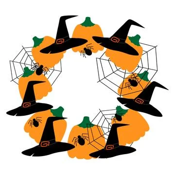 Abstract round Halloween frame of witch hats, cobwebs, spiders and pumpkins Stock Illustration