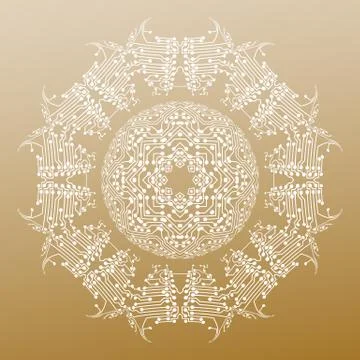 Abstract round microchip pattern isolated on golden background, mandala template Illustrazione stock