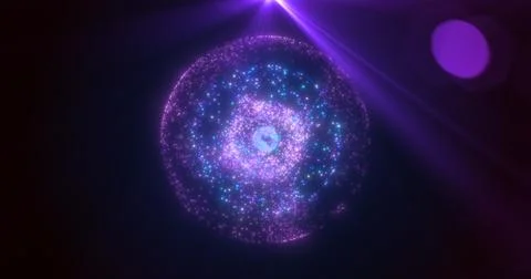 Abstract round purple sphere glowing energy magic molecule with atoms from .. Stock Illustration