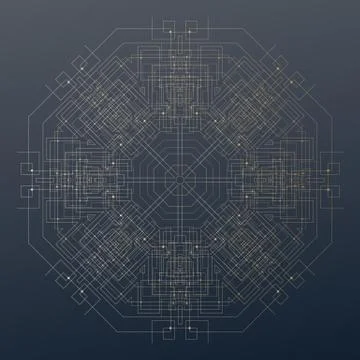 Abstract round technology pattern on dark background, golden mandala template Stock Illustration