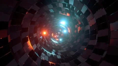 Abstract round tunnel with brick pattern texture and glowing spheres 3d Stock Illustration