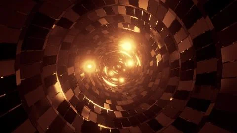 Abstract round tunnel with brick pattern texture and glowing spheres 3d Illustrazione stock