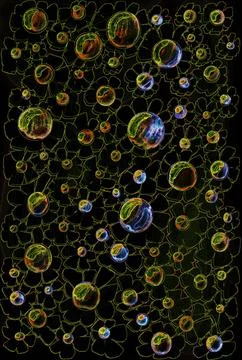 Abstract rounded shapes and petals made of thin neon lines on a dark backgr.. Stock Illustration