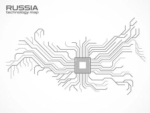 Abstract Russia map with cpu. Circuit board. Technology background. Vector .. 스톡 일러스트