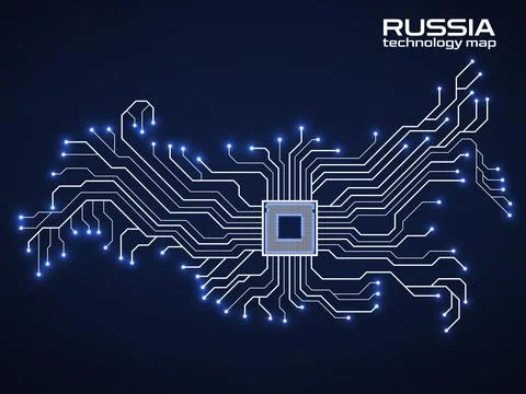 Abstract Russia map with cpu. Circuit board. Technology background. Vector .. 스톡 일러스트