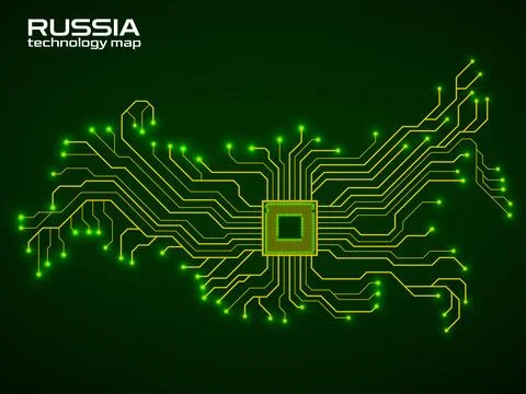Abstract Russia map with cpu. Circuit board. Technology background. Vector .. 스톡 일러스트