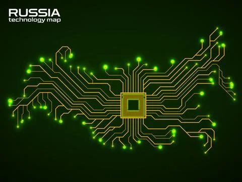 Abstract Russia map with cpu. Circuit board. Technology background. Vector il Illustrazione stock