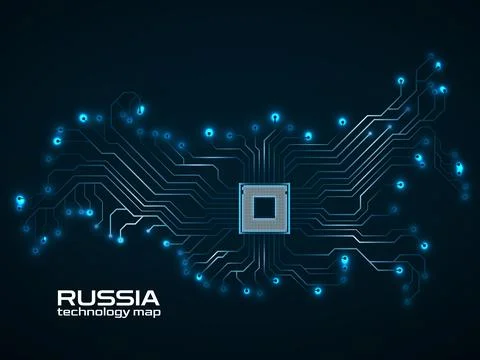 Abstract Russia map with cpu. Circuit board. Technology background. Vector .. 스톡 일러스트