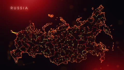 Abstract Russia Map Digital Network Background With Red And Orange Plexus Dot Stock Illustration